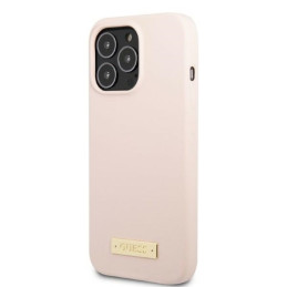 Guess Silicone Logo Plate MagSafe dėklas skirtas iPhone 13 Pro / iPhone 13 - rožinis