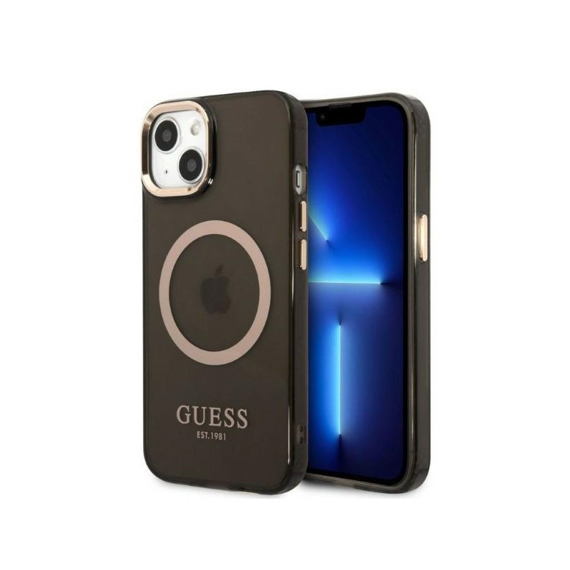 Guess Gold Outline permatomas MagSafe dėklas iPhone 13 - juodas