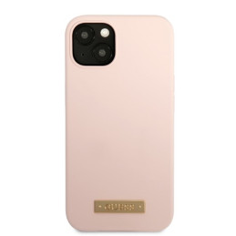 Guess Silicone Logo Plate MagSafe dėklas iPhone 13 - rožinis