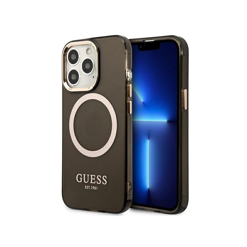 Guess Gold Outline permatomas MagSafe dėklas, skirtas iPhone 13 Pro Max - juodas