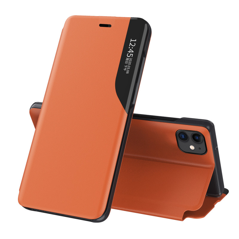 Eco Leather View Case elegantiškas dėklas su atvartu ir stovo funkcija, skirta iPhone 13 mini oranžiniam telefonui