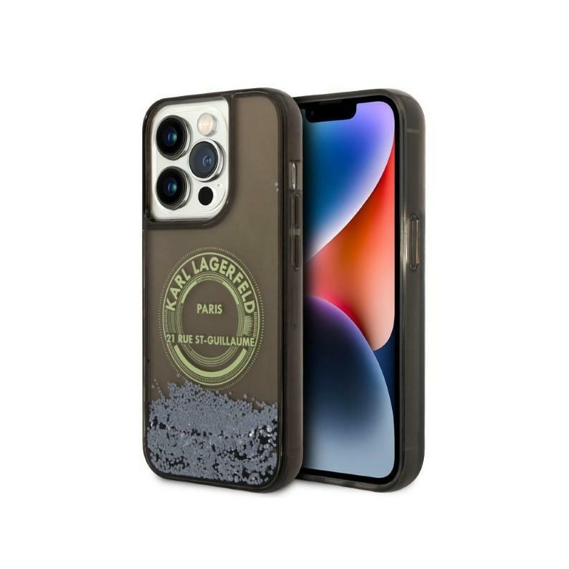 Karl Lagerfeld Liquid Glitter RSG dėklas iPhone 14 Pro - juodas