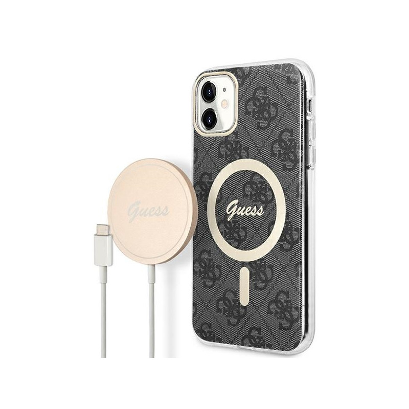 Guess 4G Print MagSafe dėklas, skirtas iPhone 11 + indukcinis įkroviklis - juodas