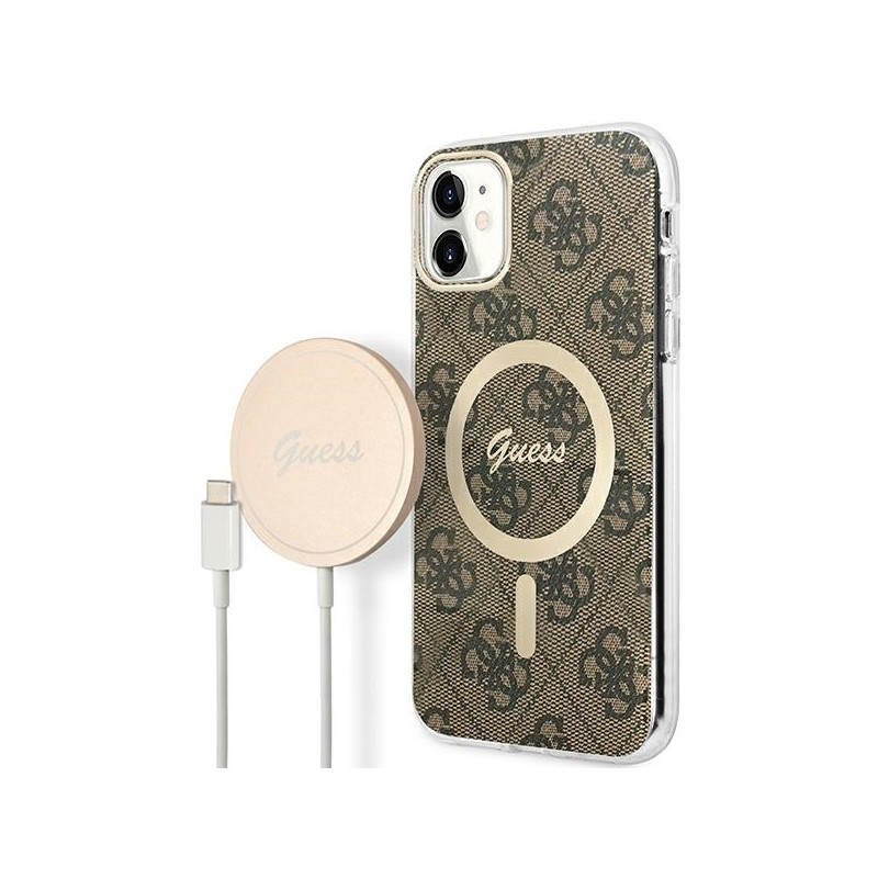 Guess 4G Print MagSafe dėklas, skirtas iPhone 11 + indukcinis įkroviklis - rudas