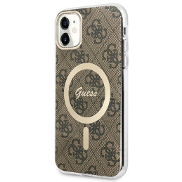 Guess 4G Print MagSafe dėklas, skirtas iPhone 11 + indukcinis įkroviklis - rudas