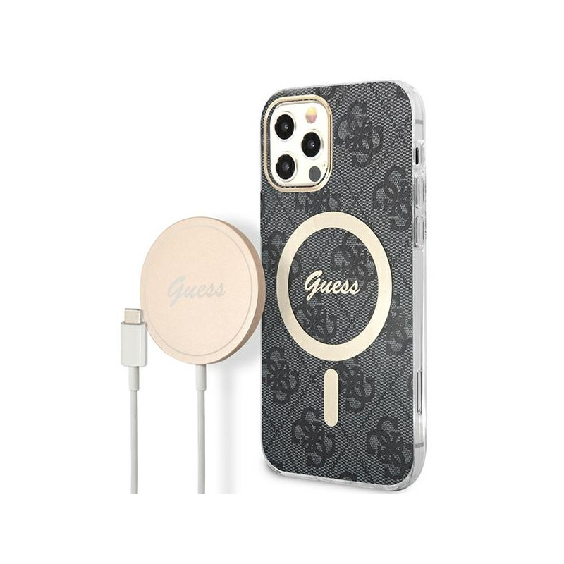 Guess 4G Print MagSafe dėklas, skirtas iPhone 12 / iPhone 12 Pro + indukcinis įkroviklis - juodas