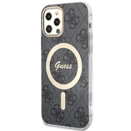 Guess 4G Print MagSafe dėklas, skirtas iPhone 12 / iPhone 12 Pro + indukcinis įkroviklis - juodas