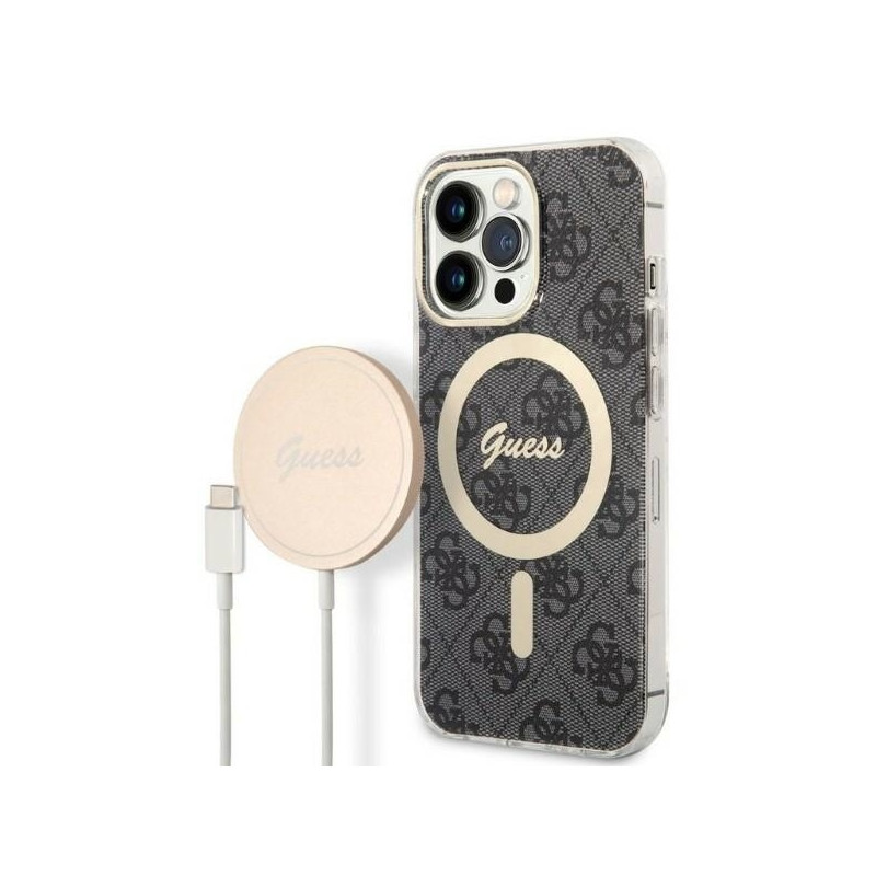 Guess 4G Print MagSafe dėklas, skirtas iPhone 13 Pro Max + indukcinis įkroviklis - juodas