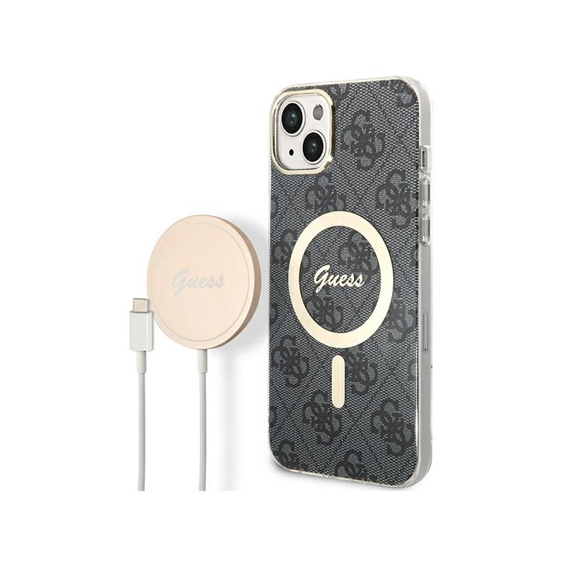 Guess 4G Print MagSafe dėklas skirtas iPhone 14 Plus + indukcinis įkroviklis - juodas