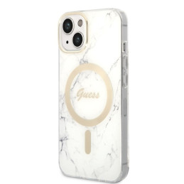 Guess Marble MagSafe dėklas skirtas iPhone 14 Plus + indukcinis įkroviklis - baltas