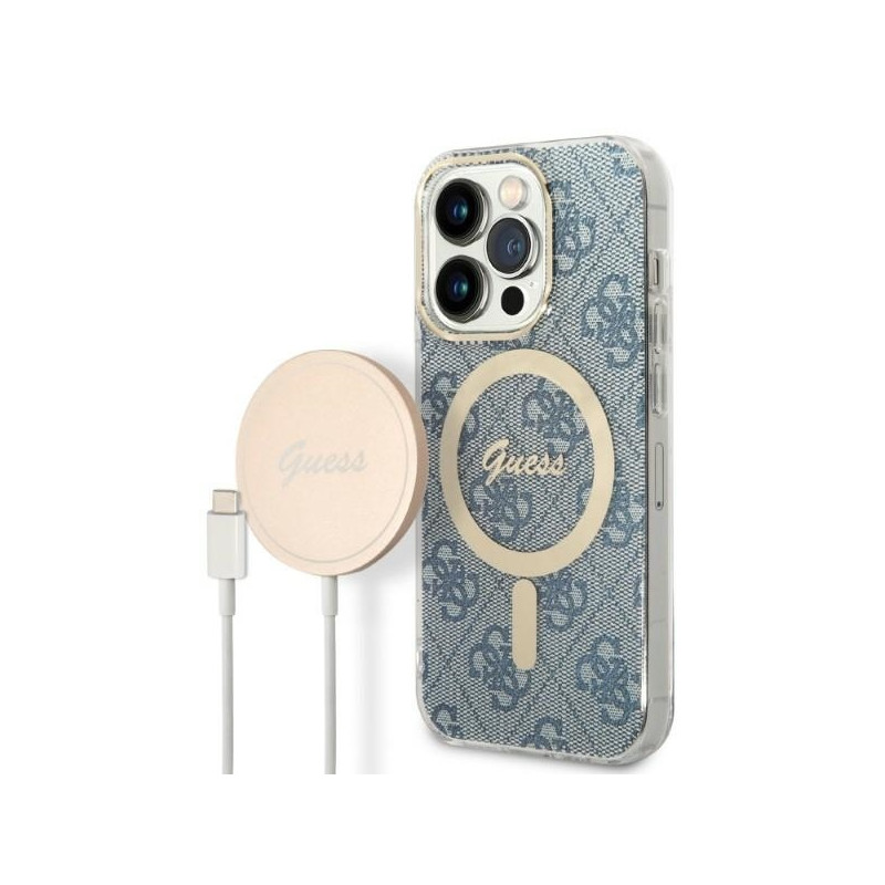 Guess 4G Print MagSafe dėklas, skirtas iPhone 14 Pro Max + indukcinis įkroviklis - mėlynas