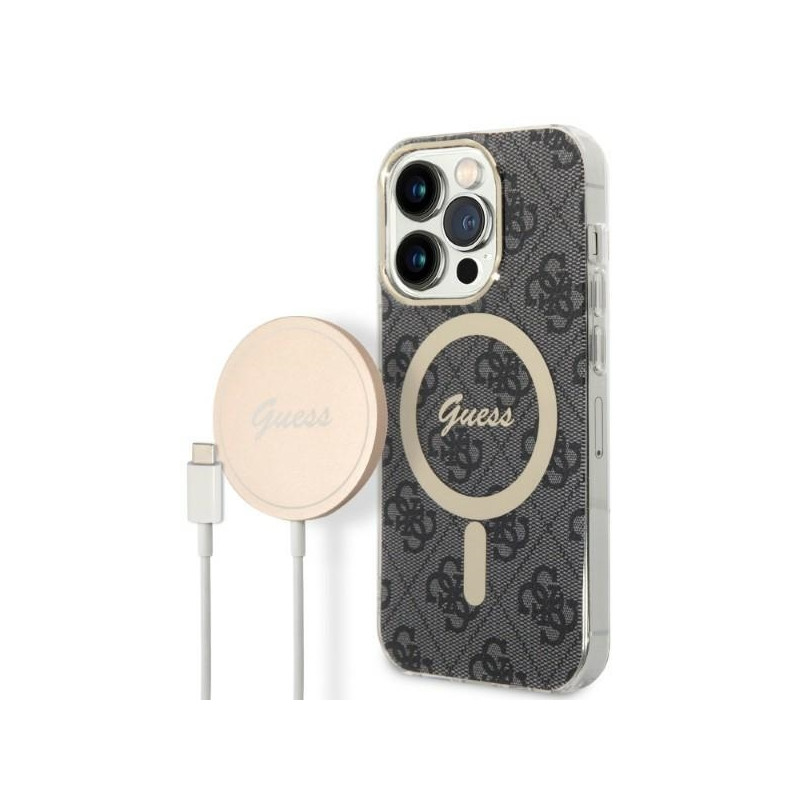 Guess 4G Print MagSafe dėklas, skirtas iPhone 14 Pro Max + indukcinis įkroviklis - juodas