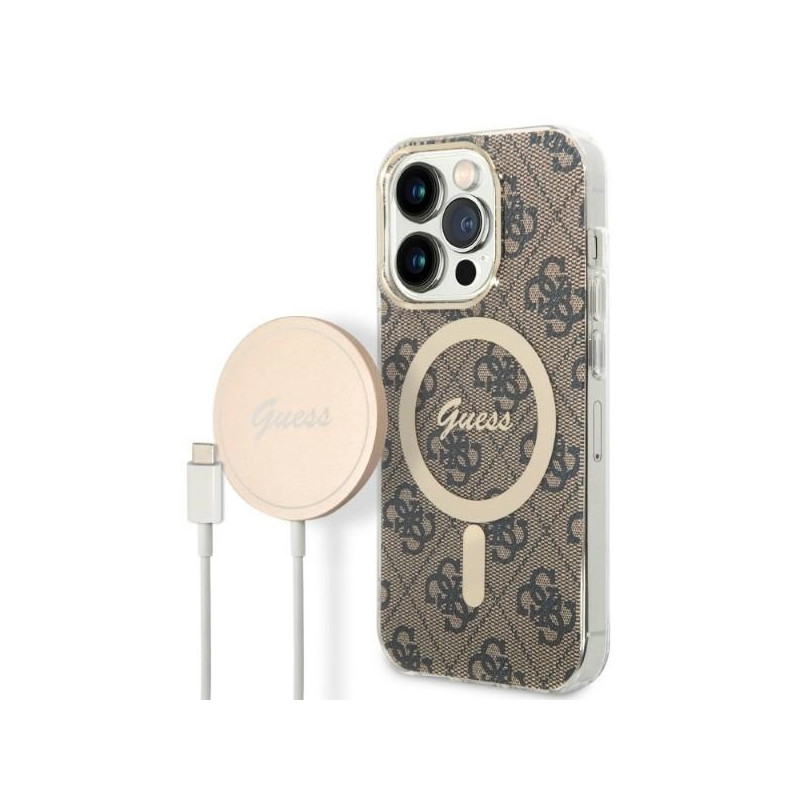 Guess 4G Print MagSafe dėklas skirtas iPhone 14 Pro Max + indukcinis įkroviklis - rudas