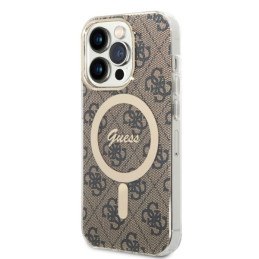 Guess 4G Print MagSafe dėklas skirtas iPhone 14 Pro Max + indukcinis įkroviklis - rudas