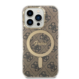 Guess 4G Print MagSafe dėklas skirtas iPhone 14 Pro Max + indukcinis įkroviklis - rudas