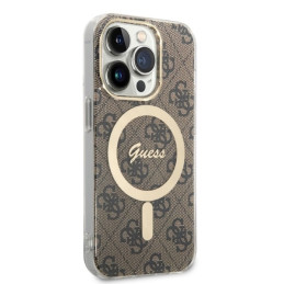 Guess 4G Print MagSafe dėklas skirtas iPhone 14 Pro Max + indukcinis įkroviklis - rudas