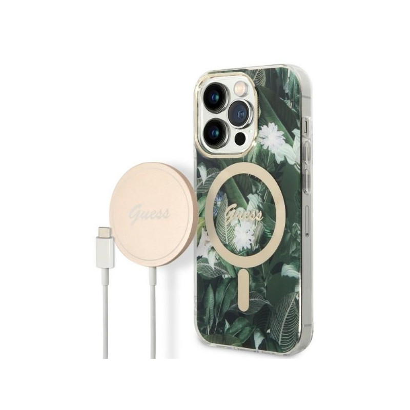 Guess Jungle MagSafe dėklas skirtas iPhone 14 Pro Max + indukcinis įkroviklis - žalias