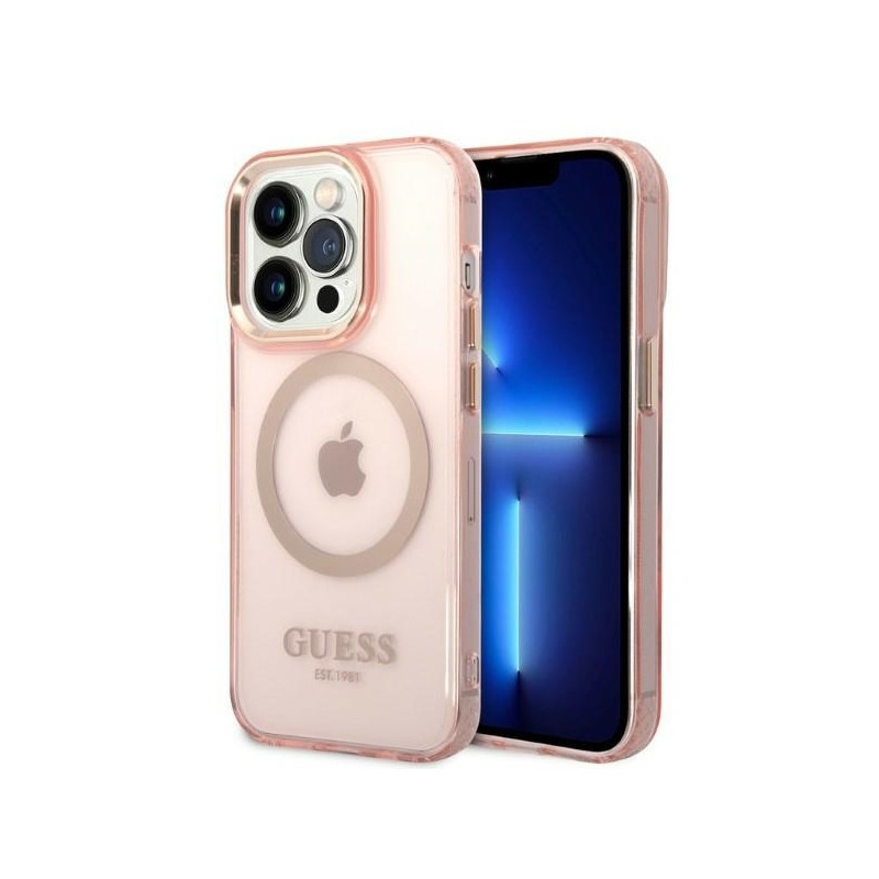 Guess Gold Outline permatomas MagSafe dėklas, skirtas iPhone 14 Pro – rožinis