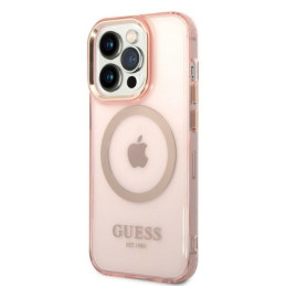 Guess Gold Outline permatomas MagSafe dėklas, skirtas iPhone 14 Pro – rožinis