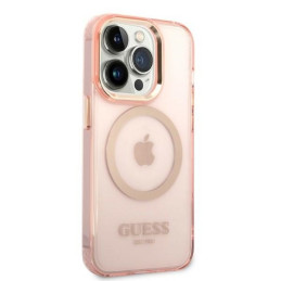 Guess Gold Outline permatomas MagSafe dėklas, skirtas iPhone 14 Pro – rožinis