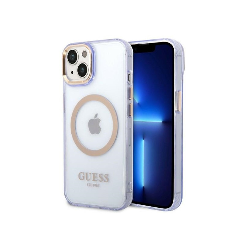 Guess Gold Outline permatomas MagSafe dėklas, skirtas iPhone 14 – violetinė