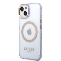 Guess Gold Outline permatomas MagSafe dėklas, skirtas iPhone 14 – violetinė
