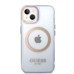 Guess Gold Outline permatomas MagSafe dėklas, skirtas iPhone 14 – violetinė