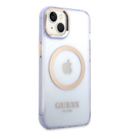 Guess Gold Outline permatomas MagSafe dėklas, skirtas iPhone 14 – violetinė