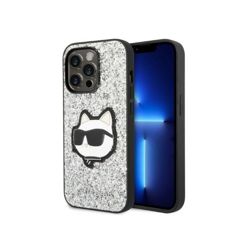 Karl Lagerfeld Glitter Choupette Patch dėklas iPhone 14 Pro - sidabrinis