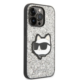 Karl Lagerfeld Glitter Choupette Patch dėklas iPhone 14 Pro - sidabrinis
