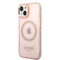 Guess Gold Outline permatomas MagSafe dėklas iPhone 14 - rožinis