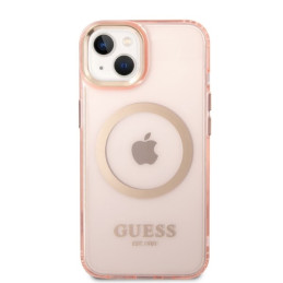 Guess Gold Outline permatomas MagSafe dėklas iPhone 14 - rožinis