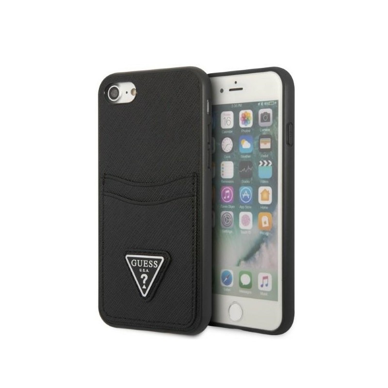 „Guess Saffiano Triangle“ logotipo kortelės lizdo dėklas, skirtas iPhone 7 / 8 / SE 2020 / SE 2022 – juodas