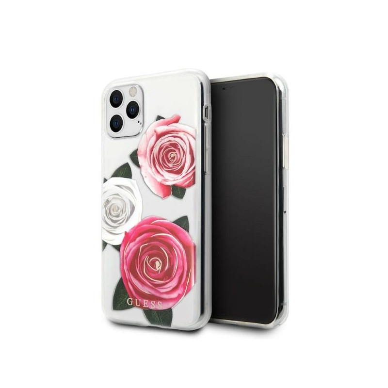 Guess Flower Desire Pink & White Rose dėklas, skirtas iPhone 11 Pro - skaidrus