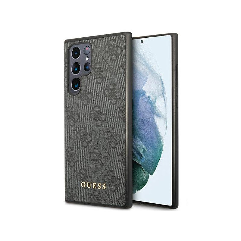 Guess 4G Metal Gold Logo dėklas, skirtas Samsung Galaxy S23 Ultra - pilkas