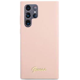 Guess Silicone Script Metal Logo dėklas, skirtas Samsung Galaxy S23 Ultra - rožinis