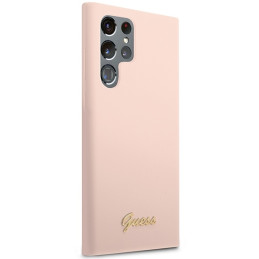 Guess Silicone Script Metal Logo dėklas, skirtas Samsung Galaxy S23 Ultra - rožinis