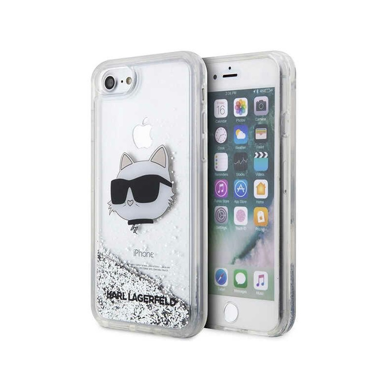 Karl Lagerfeld Glitter Choupette galvos dėklas, skirtas iPhone 7 / 8 / SE 2020 / SE 2022 - sidabras