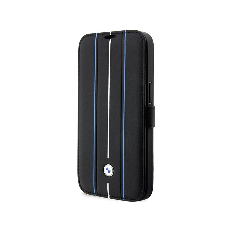BMW Leather Stamp Blue Lines dėklas iPhone 14 Pro Max - juodas