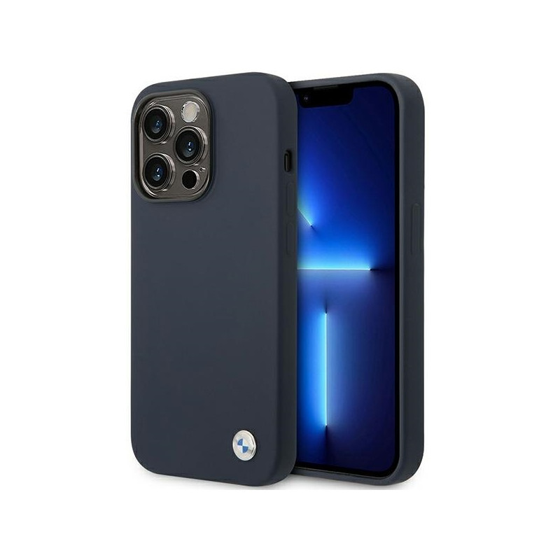 BMW Silicone Metal Logo dėklas iPhone 14 Pro - tamsiai mėlynas
