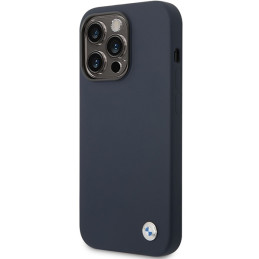 BMW Silicone Metal Logo dėklas iPhone 14 Pro - tamsiai mėlynas
