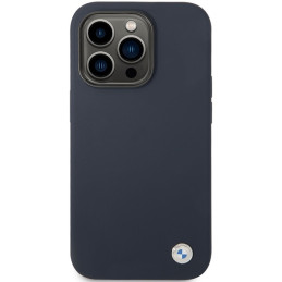 BMW Silicone Metal Logo dėklas iPhone 14 Pro - tamsiai mėlynas