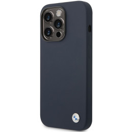 BMW Silicone Metal Logo dėklas iPhone 14 Pro - tamsiai mėlynas