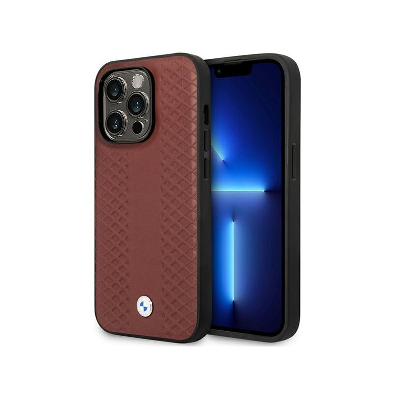 BMW Leather Diamond Pattern MagSafe dėklas iPhone 14 Pro - bordo