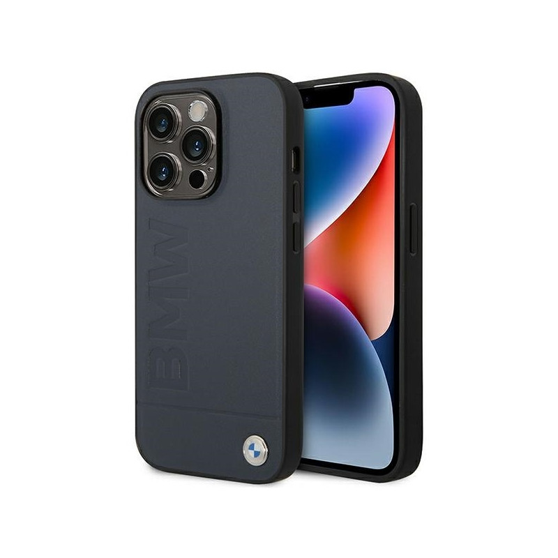 BMW Leather Hot Stamp MagSafe dėklas iPhone 14 Pro - tamsiai mėlynas