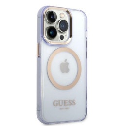 Guess Gold Outline permatomas MagSafe dėklas, skirtas iPhone 14 Pro – violetinė