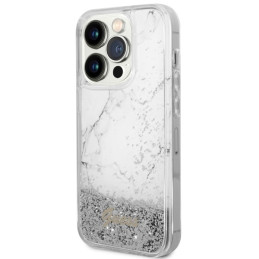 Guess Liquid Glitter Marble dėklas iPhone 14 Pro - baltas