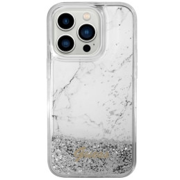 Guess Liquid Glitter Marble dėklas iPhone 14 Pro - baltas