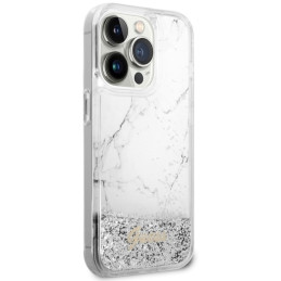 Guess Liquid Glitter Marble dėklas iPhone 14 Pro - baltas