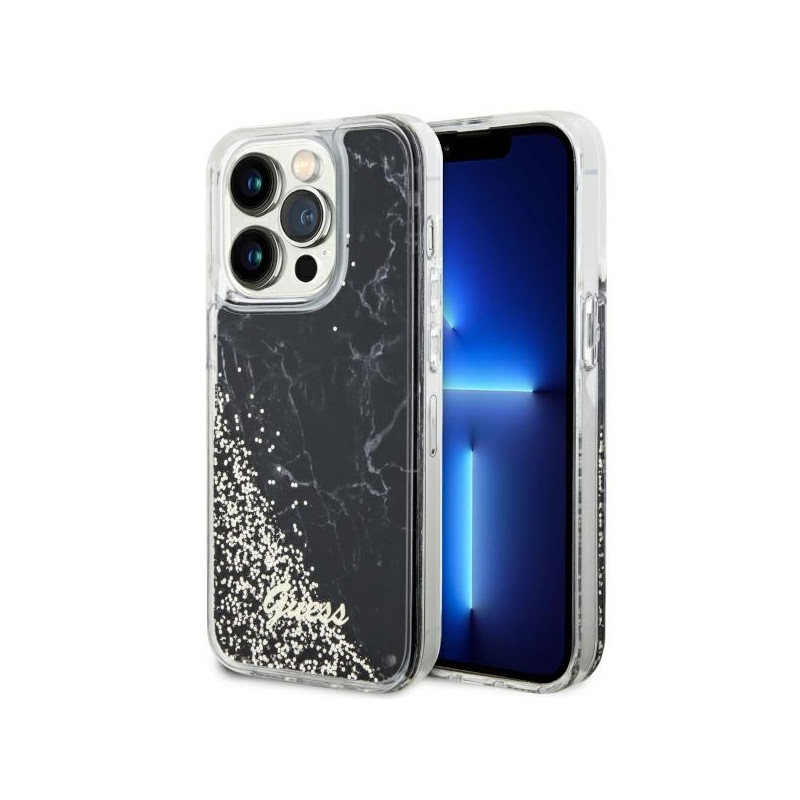 Guess Liquid Glitter Marble dėklas iPhone 14 Pro - juodas